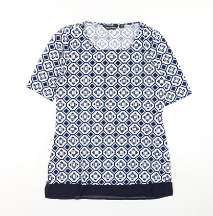Nina Leonard Womens Blue Geometric Polyester Basic T-Shirt Size S Round Neck