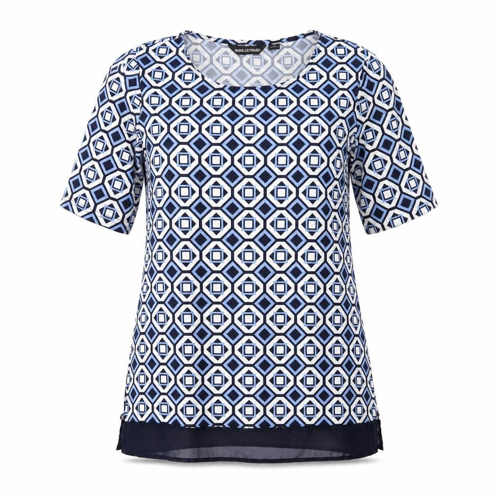 Nina Leonard Womens Blue Geometric Polyester Basic T-Shirt Size S Round Neck