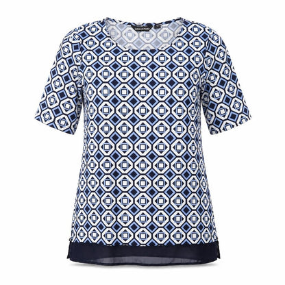 Nina Leonard Womens Blue Geometric Polyester Basic T-Shirt Size S Round Neck