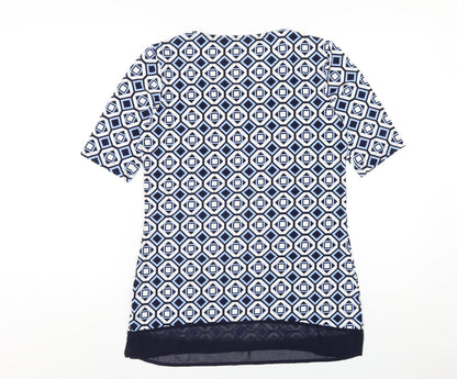 Nina Leonard Womens Blue Geometric Polyester Basic T-Shirt Size S Round Neck
