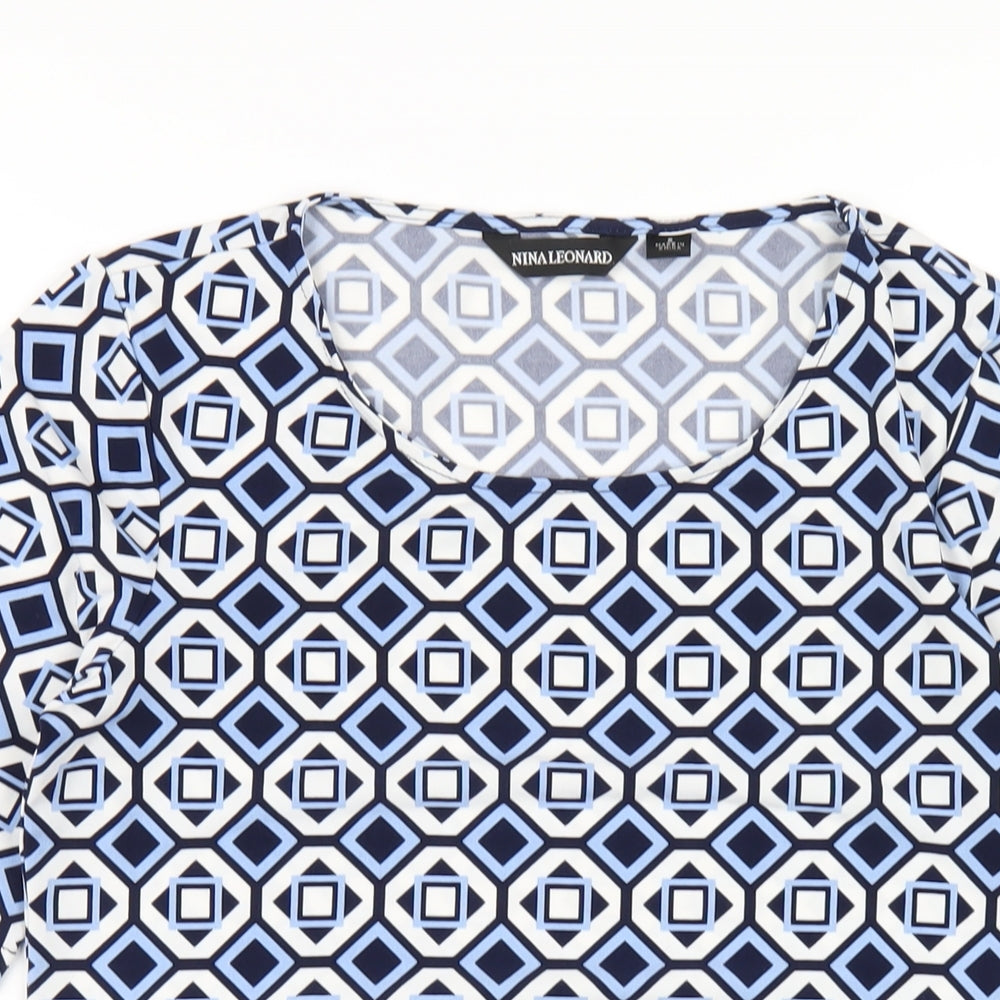 Nina Leonard Womens Blue Geometric Polyester Basic T-Shirt Size S Round Neck