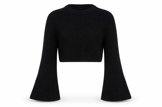 Front view of Miss Selfridge women’s black round neck acrylic jumper, size UK 10