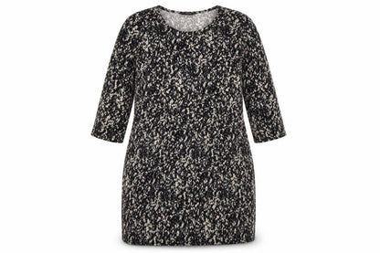 Front view of Kaleidoscope women’s black geometric polyester a-line, size UK 18, round neck pullover
