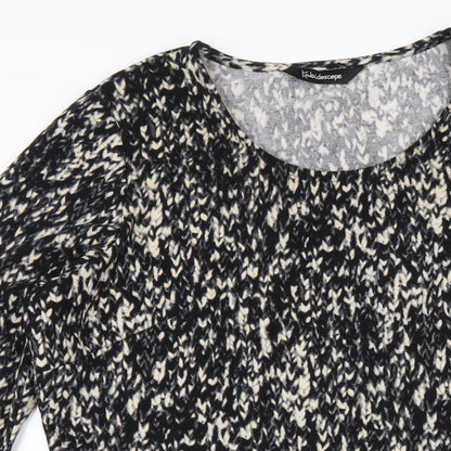Close-up detail of Kaleidoscope women’s black geometric polyester a-line, size UK 18, round neck pullover