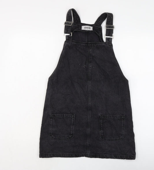 New Lok Womens Black Cotton Pinafore/Dungaree Dress Size 8 Square Neck Button