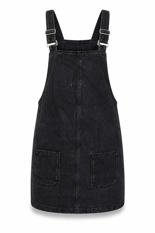 New Look Womens Black Cotton Pinafore/Dungaree Dress Size 8 Square Neck Button