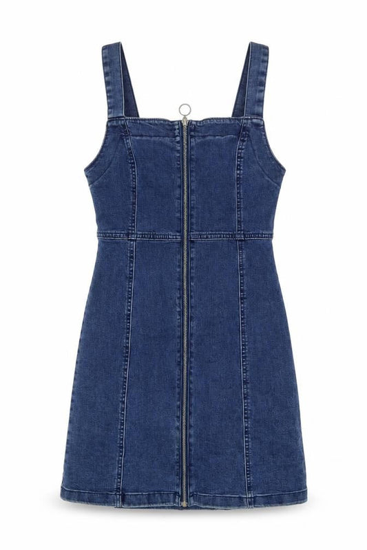 Front view of Denim & Co. women’s blue cotton mini, size UK 8, square neck zip
