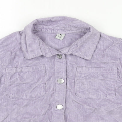 Close-up detail of Tu girls’ purple jacket, size 8, years button