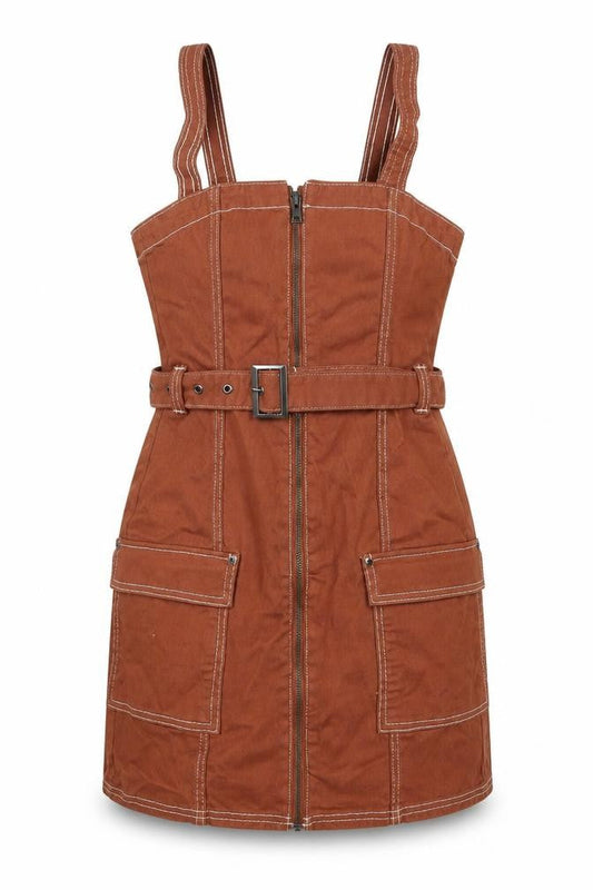 Divided by H&M Womens Brown Cotton Mini Size 8 Square Neck Zip - Belted