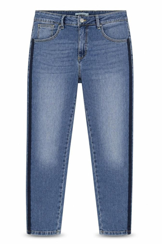 Front view of b.young women’s blue cotton skinny jeans, size UK 34, in, 28-inch leg regular zip - taped sides