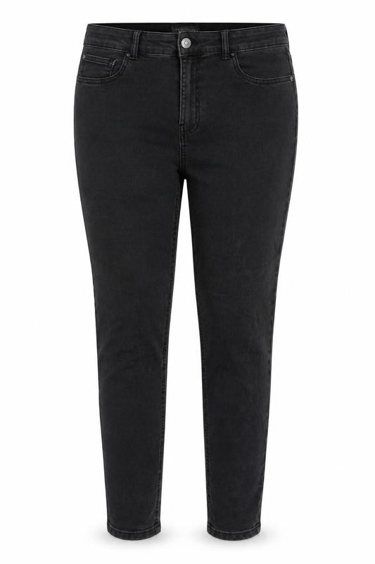 Front view of Denim & Co. women’s black cotton skinny jeans, size UK 16, 27-inch leg regular zip