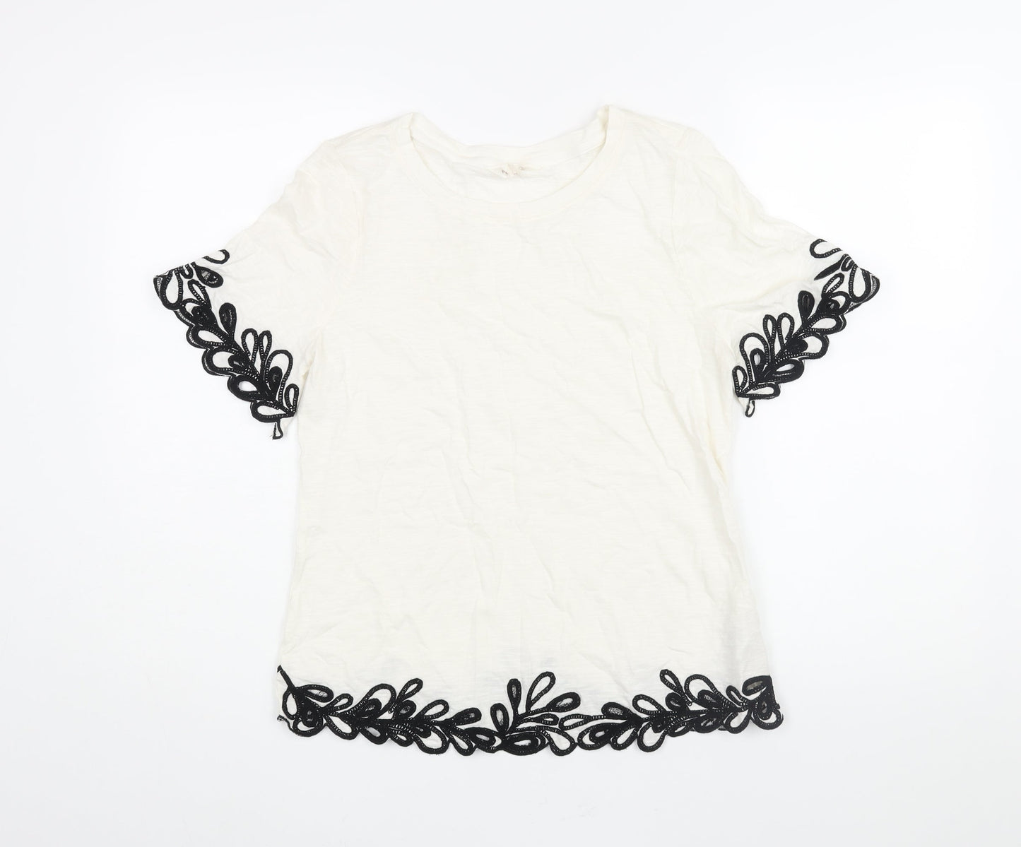 Per Una Womens Ivory Cotton Basic Blouse Size 8 Round Neck - Floral Embroidered Trim
