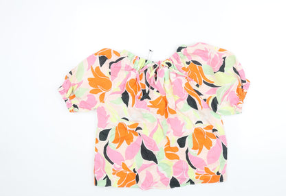 Marks & Spencer Womens Multicoloured Geometric Linen Basic Blouse Size 8 Round Neck