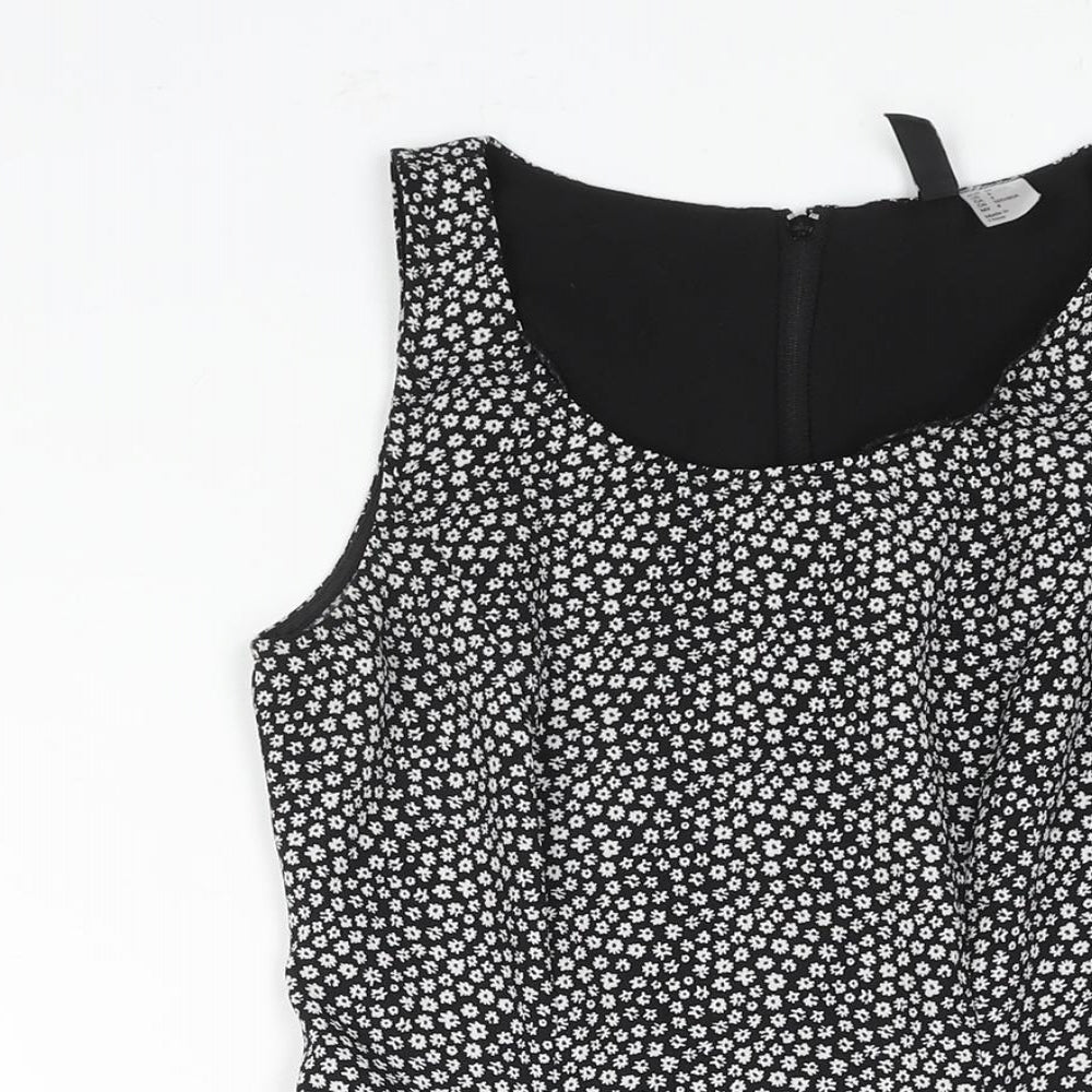 Divided by H&M Womens Black Geometric Polyester Skater Dress Size 6 Scoop Neck Zip - Floral Print