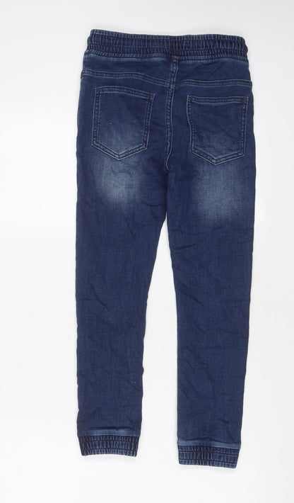 Back view of Matalan boys’ blue cotton tapered jeans, size 9, months, 22-inch leg regular drawstring
