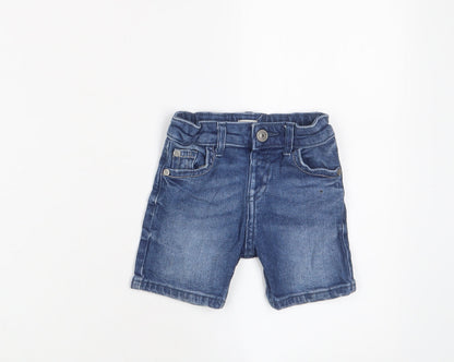 Additional front view of River Island boys’ blue cotton cropped trousers, size 9-12, months zip - adjustable waist