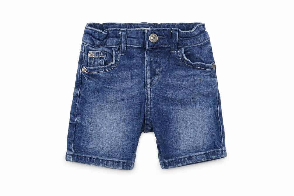Front view of River Island boys’ blue cotton cropped trousers, size 9-12, months zip - adjustable waist