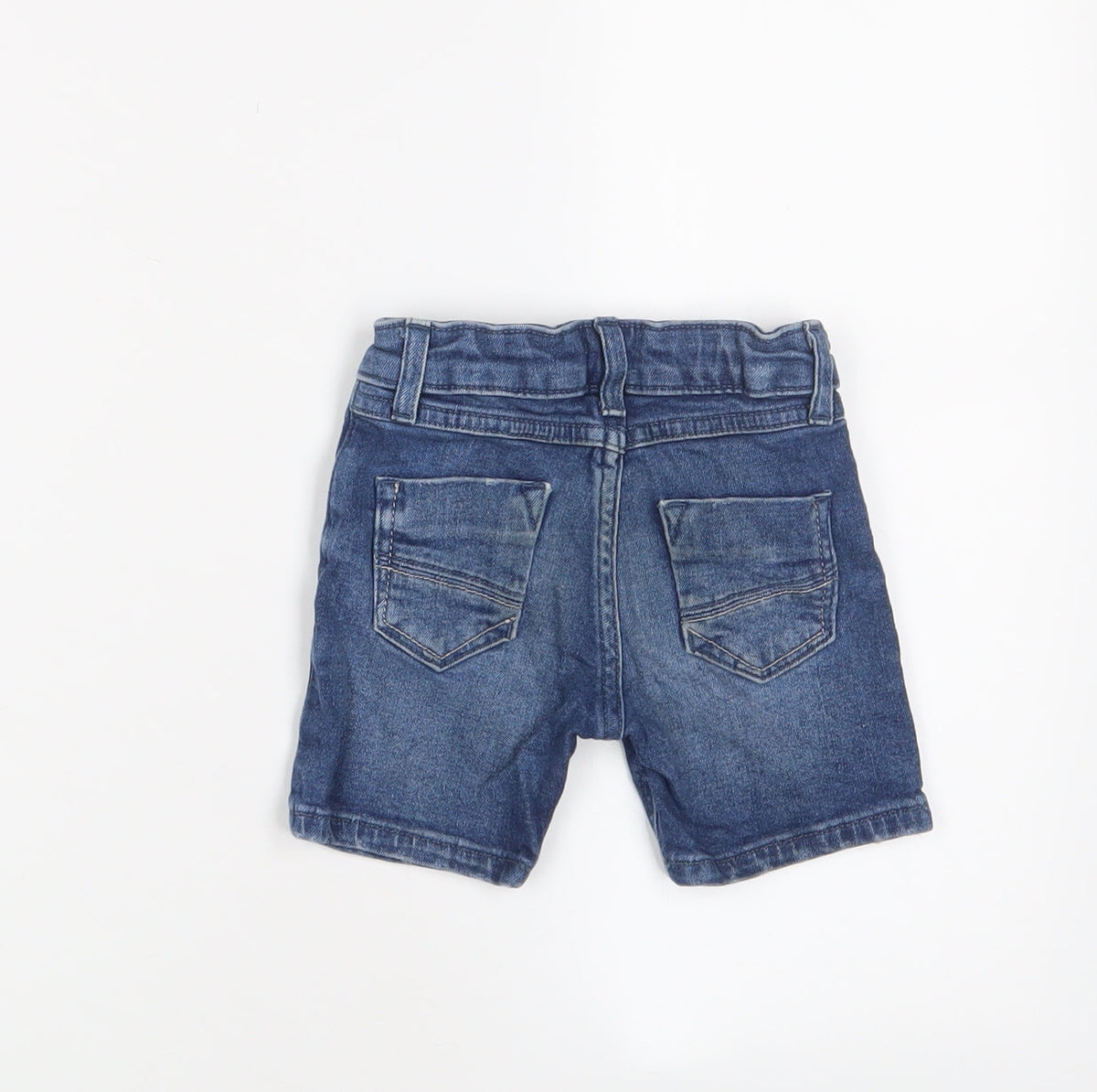 Back view of River Island boys’ blue cotton cropped trousers, size 9-12, months zip - adjustable waist