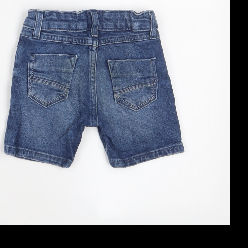 Brand and care label for River Island boys’ blue cotton cropped trousers, size 9-12, months zip - adjustable waist