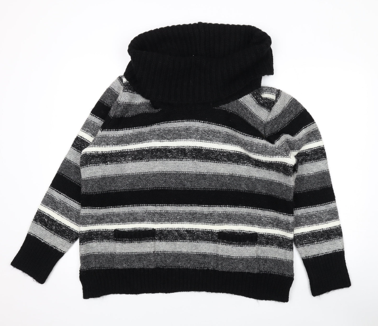 M&Co Womens Black Roll Neck Striped Acrylic Pullover Jumper Size 2