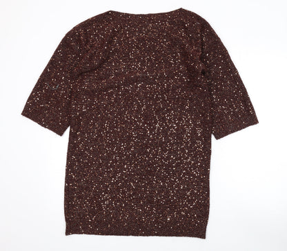 Oasis Womens Brown Acrylic A-Line Size XS Boat Neck Pullover - Sequins
