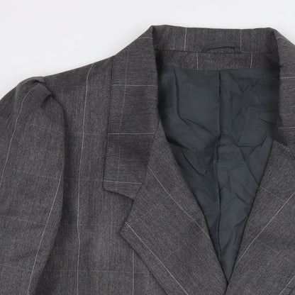 Close-up detail of C&A women’s grey check polyester jacket blazer, size UK 18