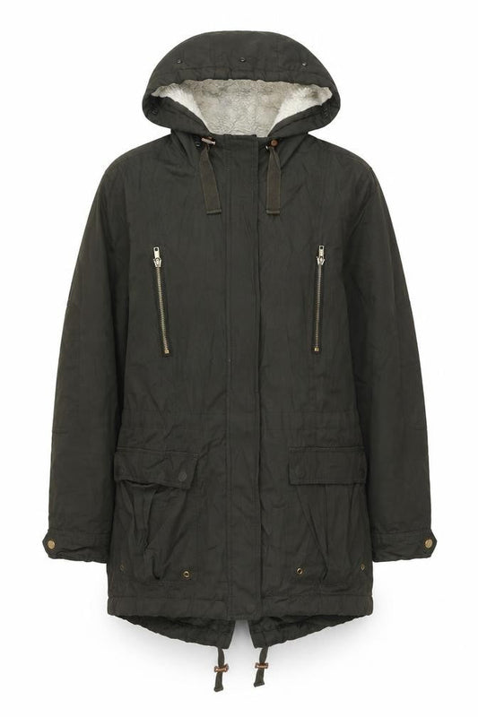 Front view of ASOS women’s green trench coat jacket, size UK 10, zip