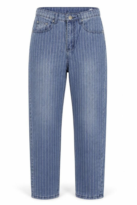 PRETTYLITTLETHING Womens Blue Striped Cotton Straight Jeans Size 8 L30 in Regular Zip