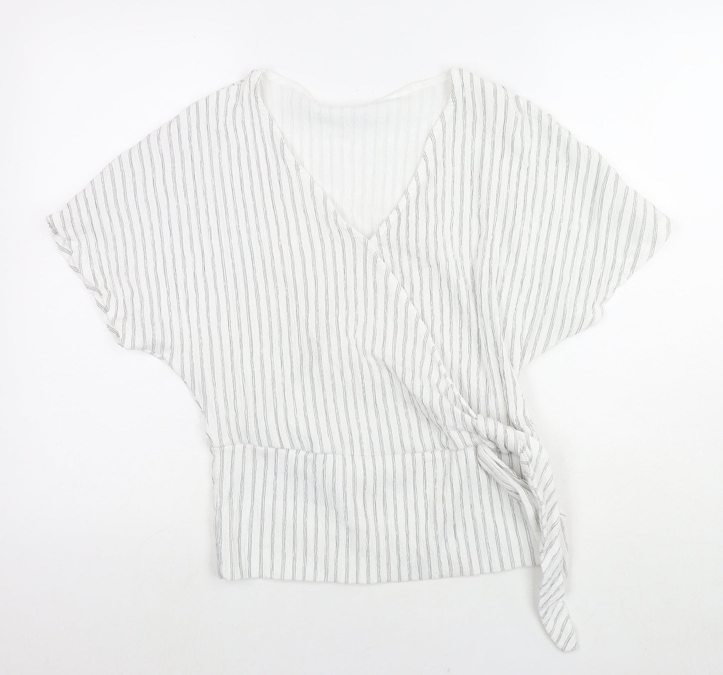 H&M Womens White Striped Polyester Basic Blouse Size S V-Neck