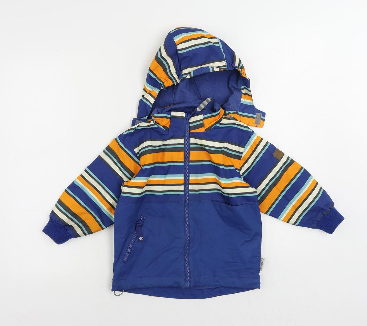 Additional front view of Racoor boys’ blue striped windbreaker jacket, size 3, years zip - outdoor walking
