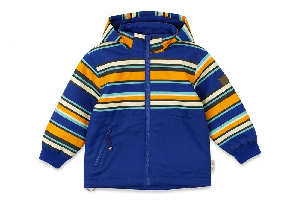 Front view of Racoor boys’ blue striped windbreaker jacket, size 3, years zip - outdoor walking