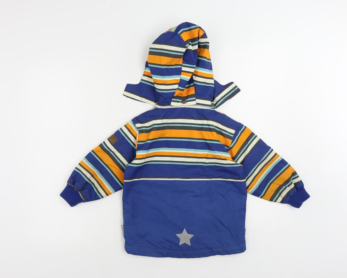 Back view of Racoor boys’ blue striped windbreaker jacket, size 3, years zip - outdoor walking