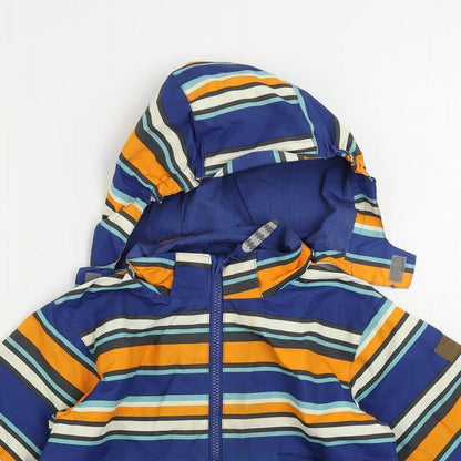 Close-up detail of Racoor boys’ blue striped windbreaker jacket, size 3, years zip - outdoor walking