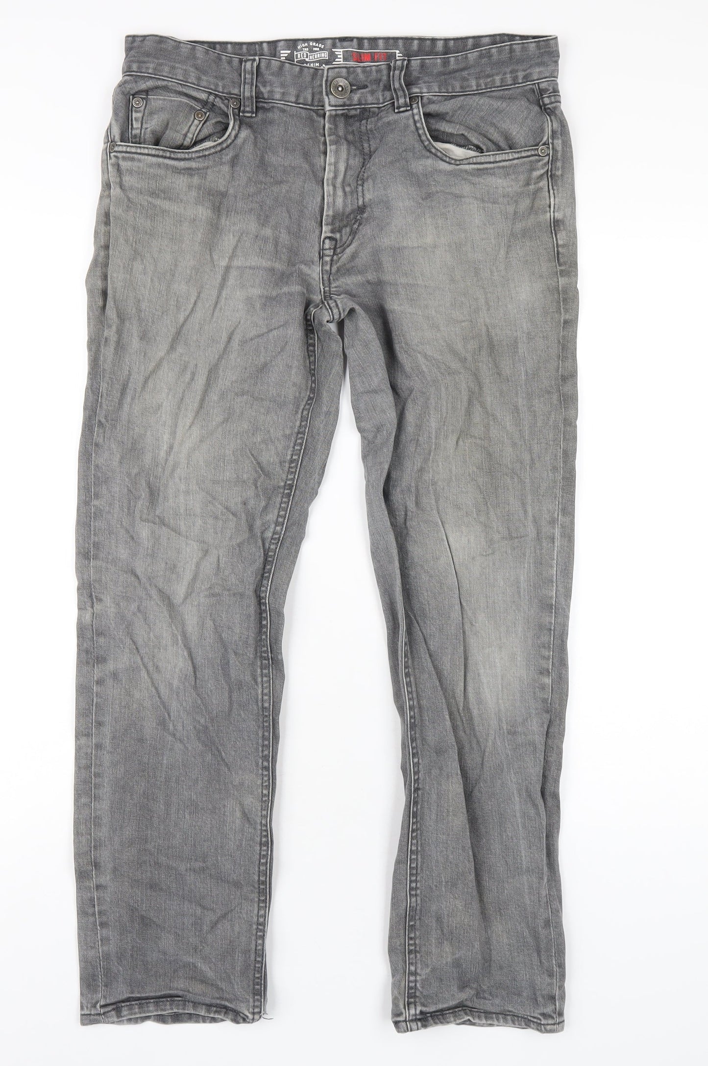 Red Herring Mens Grey Cotton Straight Jeans Size 32 in L28 in Regular Zip