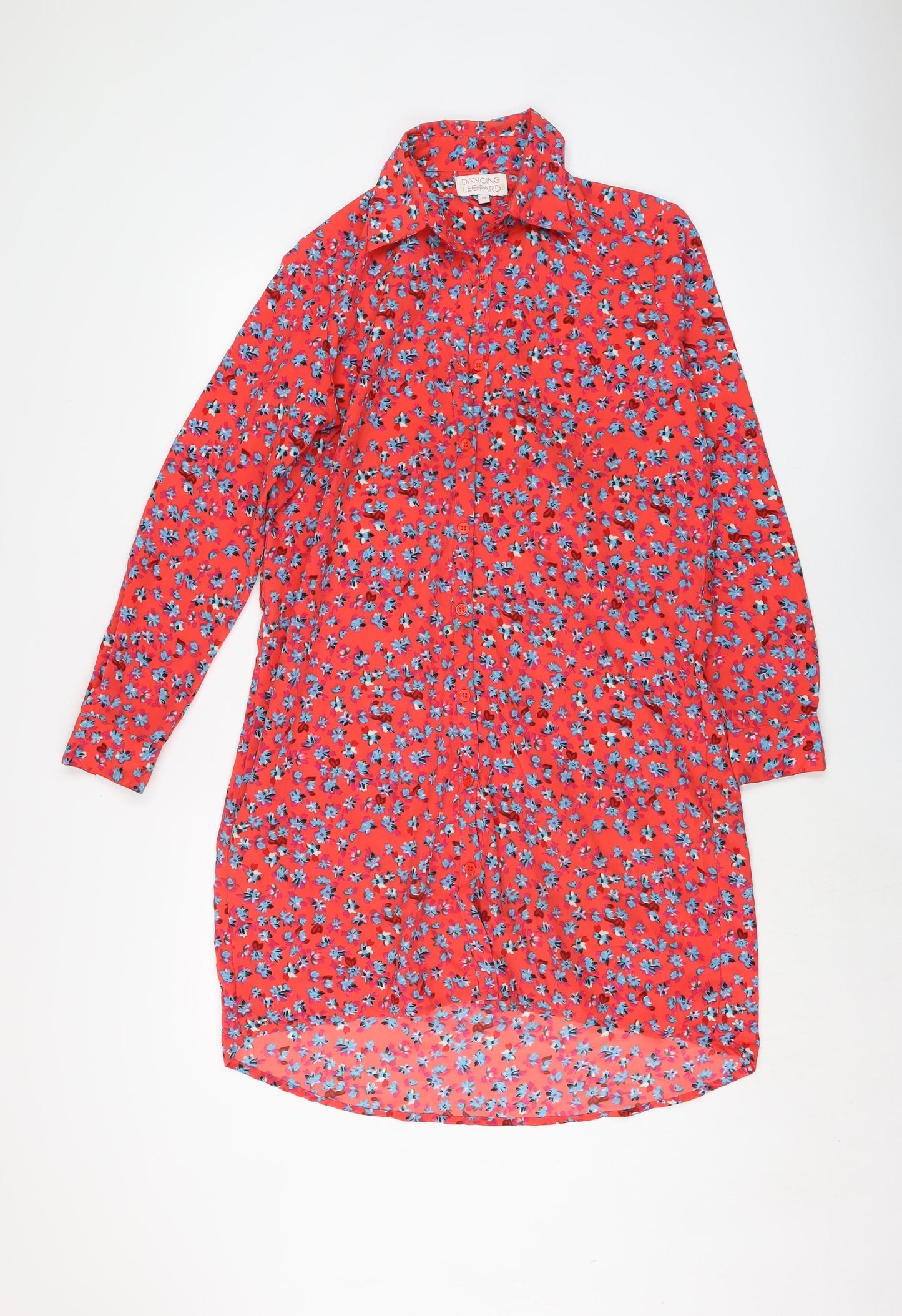 Dancing Leopard Womens Red Floral Polyester Shirt Dress Size M Collared Button