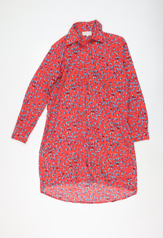 Dancing Leopard Womens Red Floral Polyester Shirt Dress Size M Collared Button