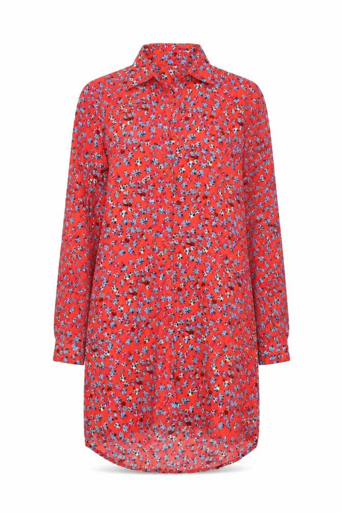 Dancing Leopard Womens Red Floral Polyester Shirt Dress Size M Collared Button