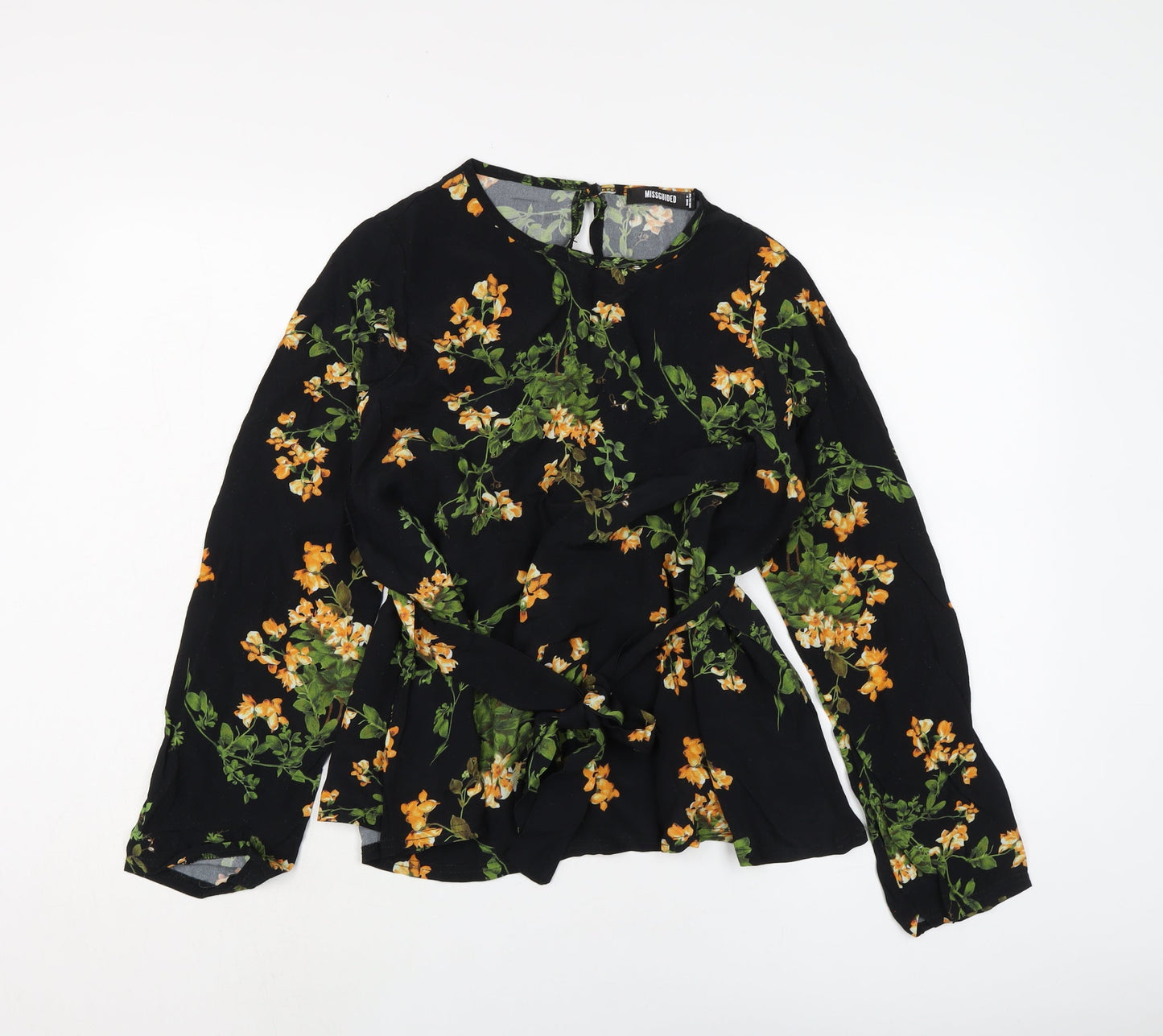 Missguided Womens Black Floral Polyester Basic Blouse Size 8 Round Neck
