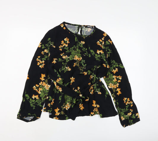 Missguided Womens Black Floral Polyester Basic Blouse Size 8 Round Neck