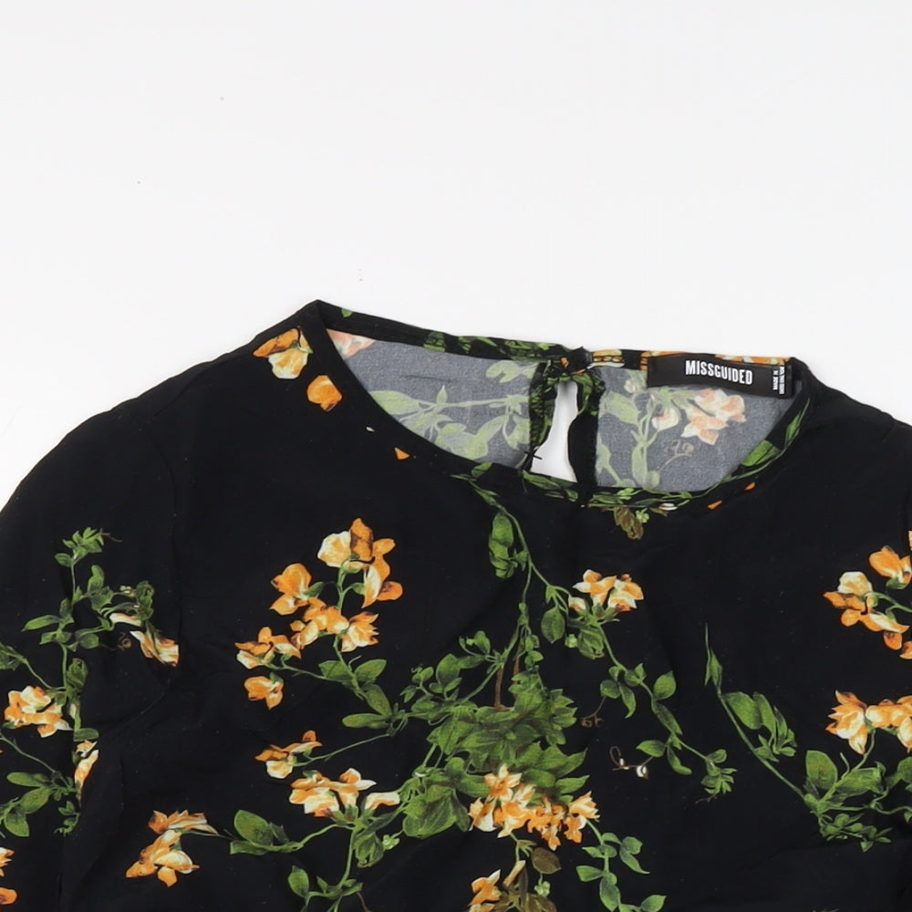 Missguided Womens Black Floral Polyester Basic Blouse Size 8 Round Neck