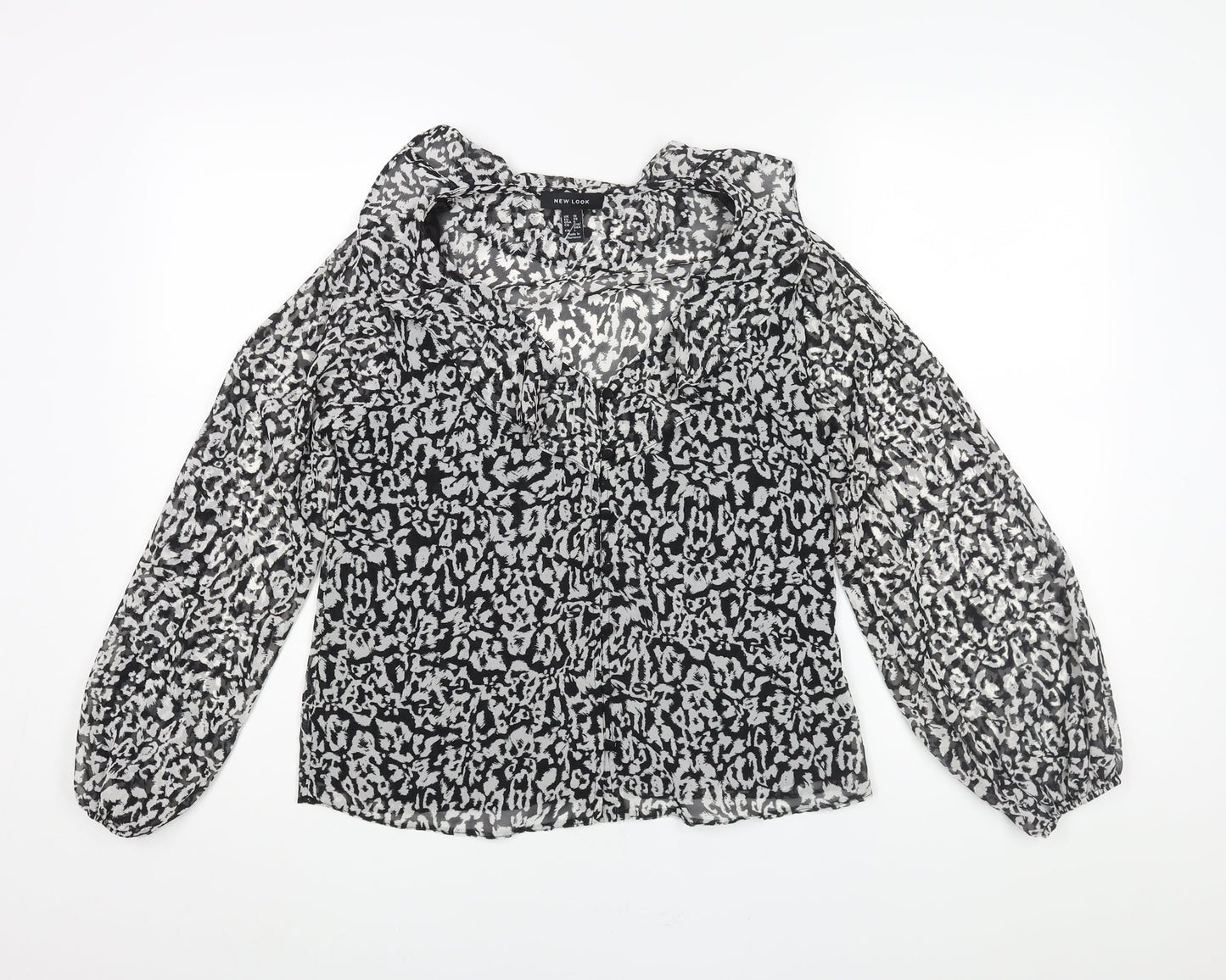 New Look Womens Black Animal Print Polyester Basic Blouse Size 10 V-Neck - Leopard Print Semi Sheer Frill