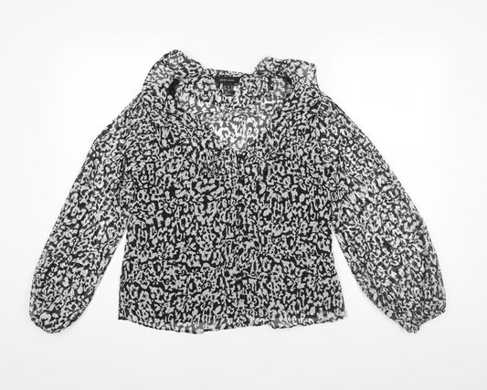 New Look Womens Black Animal Print Polyester Basic Blouse Size 10 V-Neck - Leopard Print Semi Sheer Frill