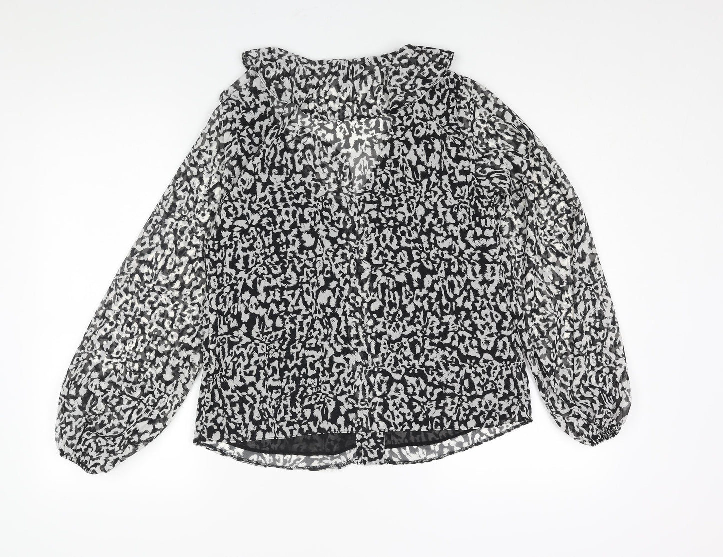 New Look Womens Black Animal Print Polyester Basic Blouse Size 10 V-Neck - Leopard Print Semi Sheer Frill