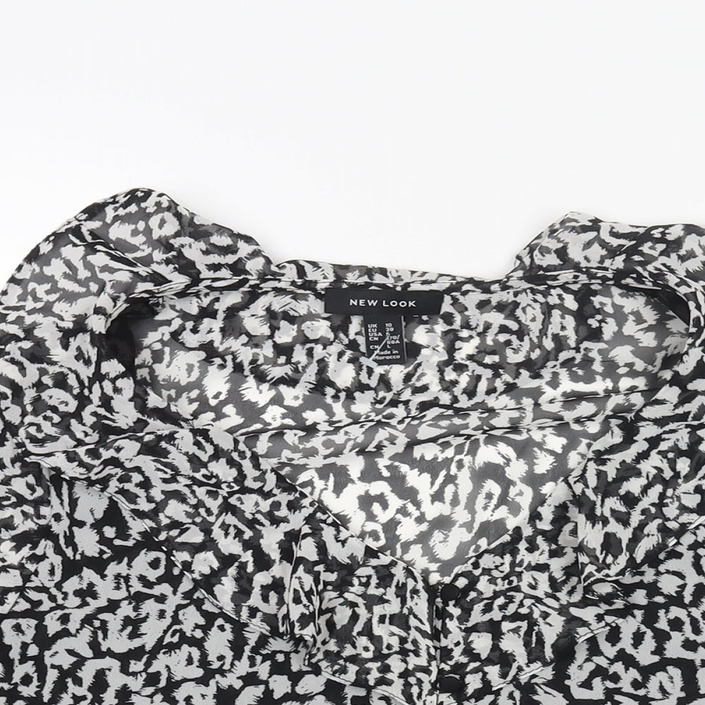 New Look Womens Black Animal Print Polyester Basic Blouse Size 10 V-Neck - Leopard Print Semi Sheer Frill