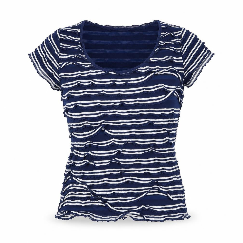 Phase Eight Womens Blue Striped Polyester Basic Blouse Size 10 Round Neck - Layered Frill Detail