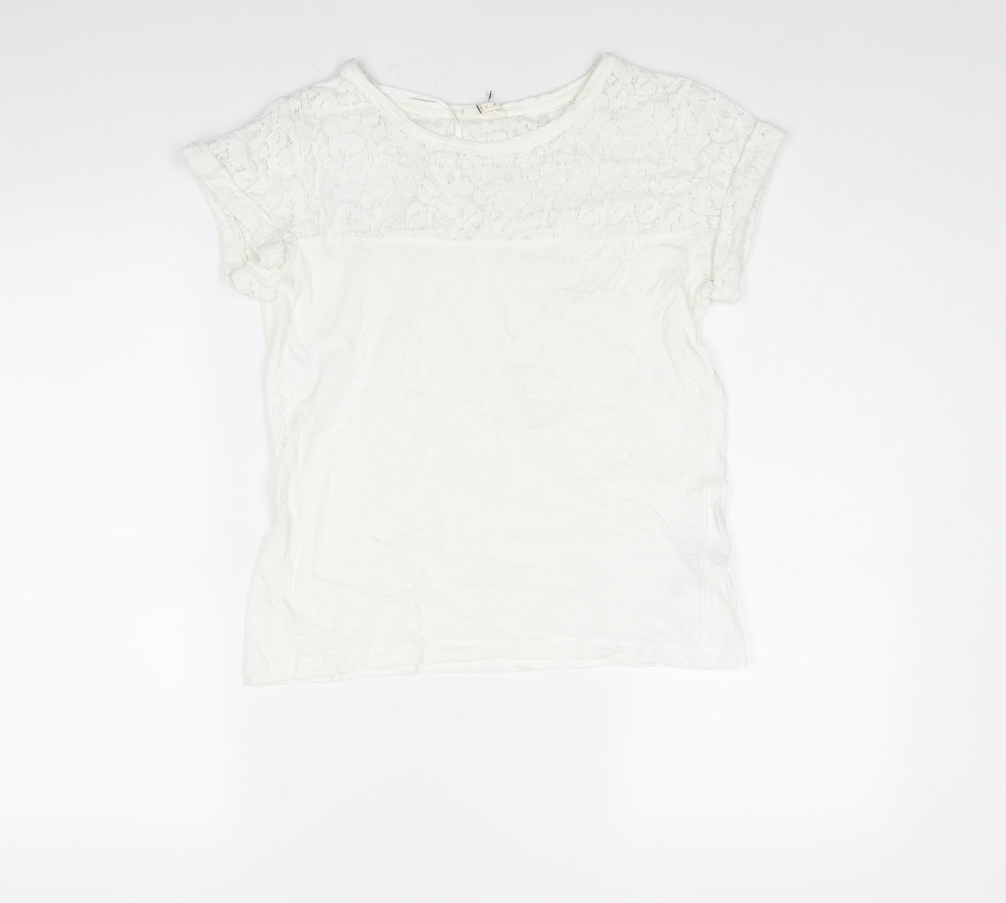 Esprit Womens White Polyester Basic Blouse Size XS Round Neck - Lace Panel Pocket