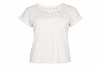 Front view of ESPRIT women’s white polyester basic blouse, size XS, round neck - lace panel pocket