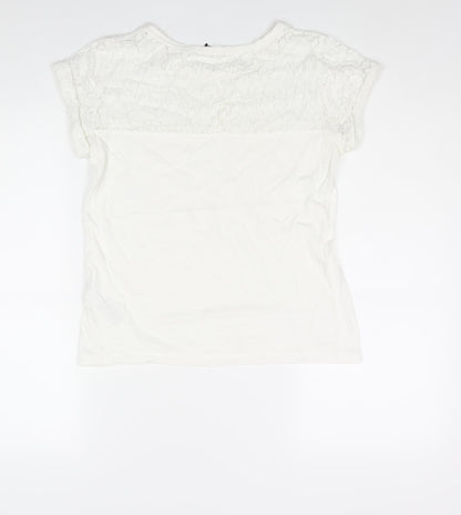 Back view of ESPRIT women’s white polyester basic blouse, size XS, round neck - lace panel pocket