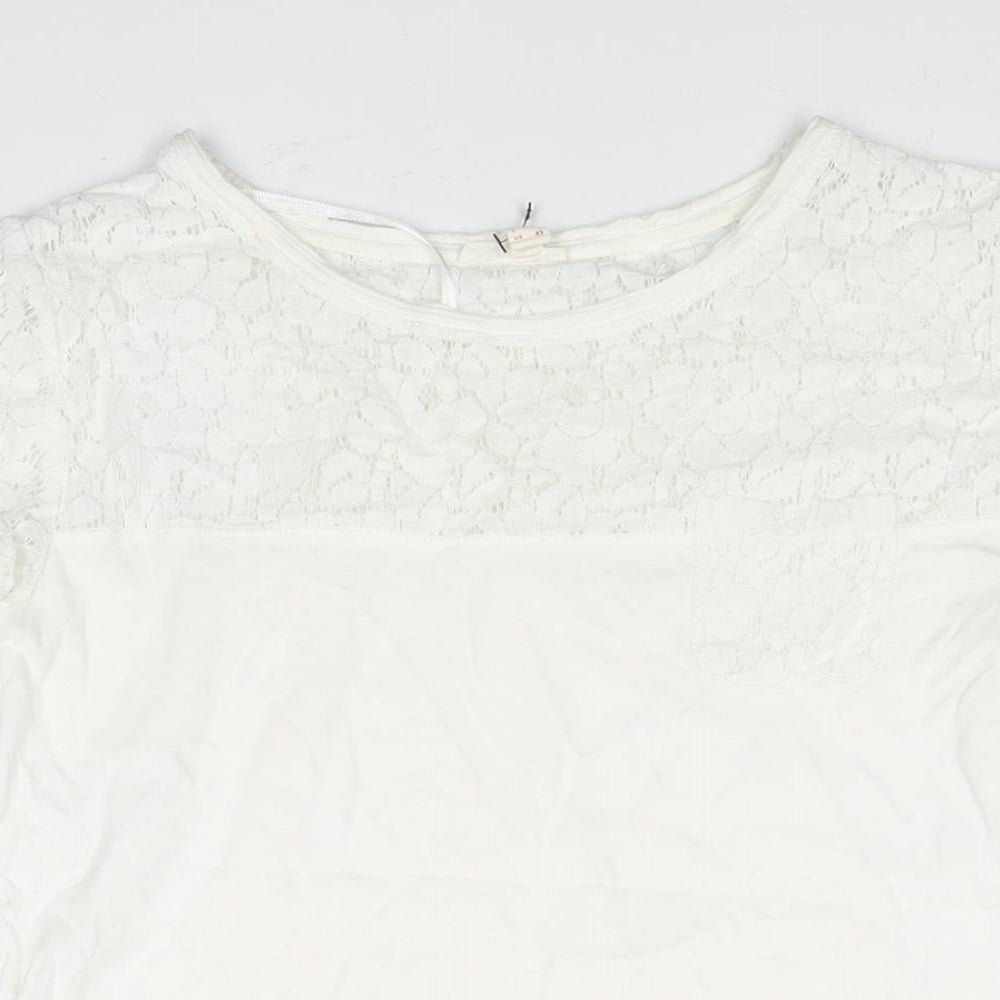 Esprit Womens White Polyester Basic Blouse Size XS Round Neck - Lace Panel Pocket