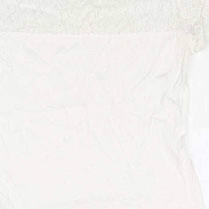 Brand and care label for ESPRIT women’s white polyester basic blouse, size XS, round neck - lace panel pocket
